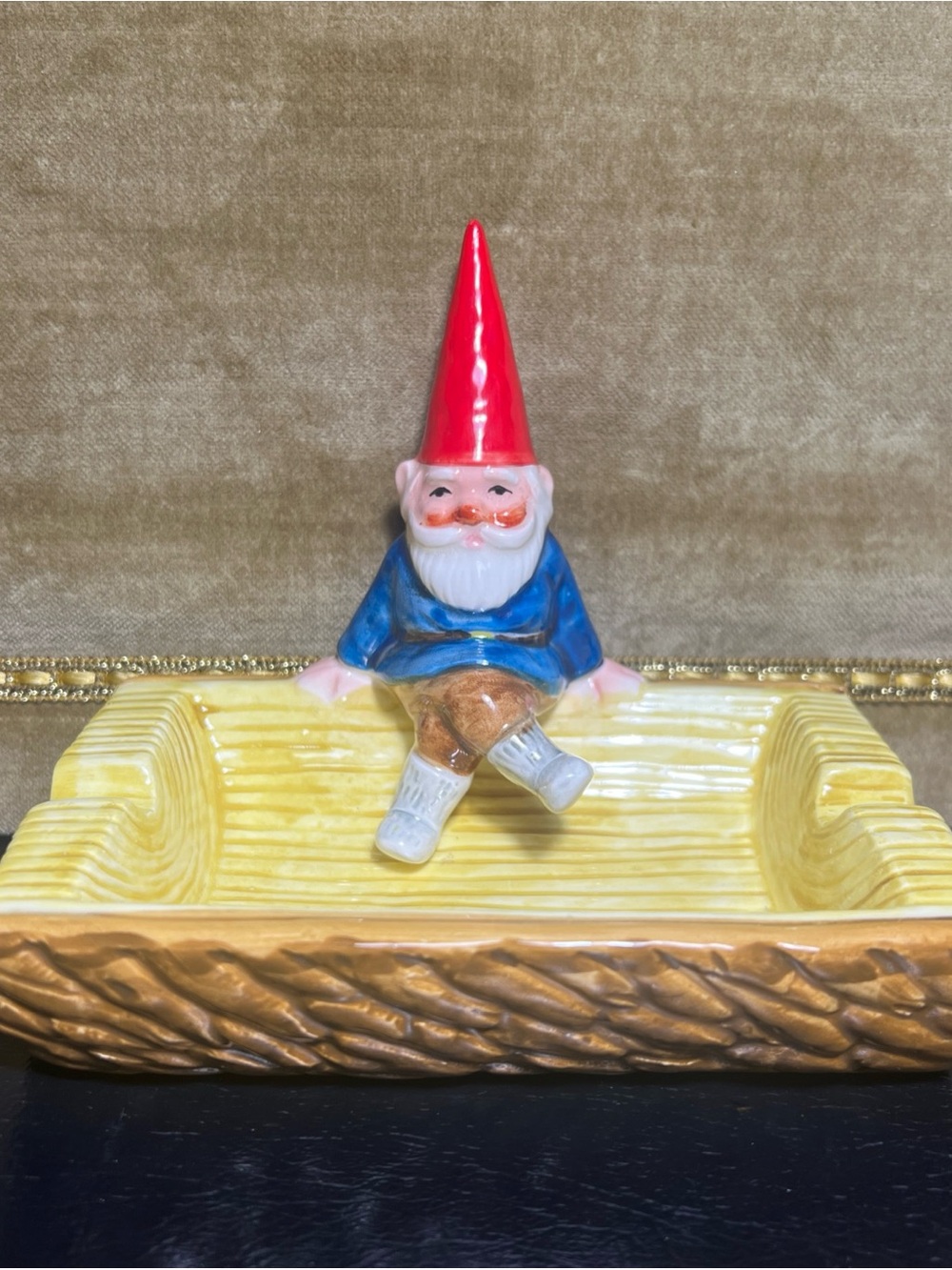 Vtg Gorham Unieboek Gnome On Log Ash Trinket Tray Paintbrush Rest 80s Japan Rare